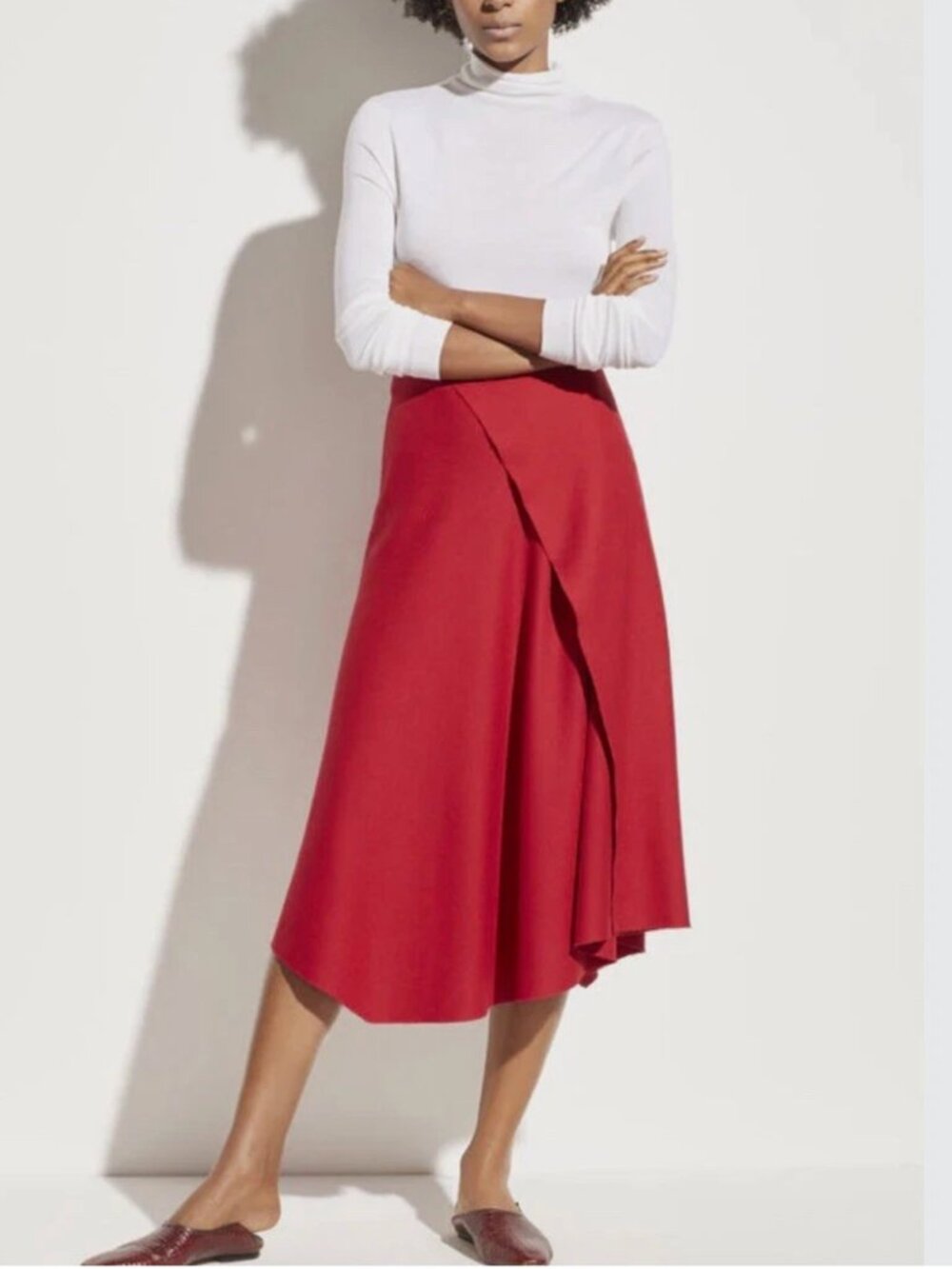 Vince Wool Blend Asymmetric Drape Midi Skirt In Crimson Red Size 2